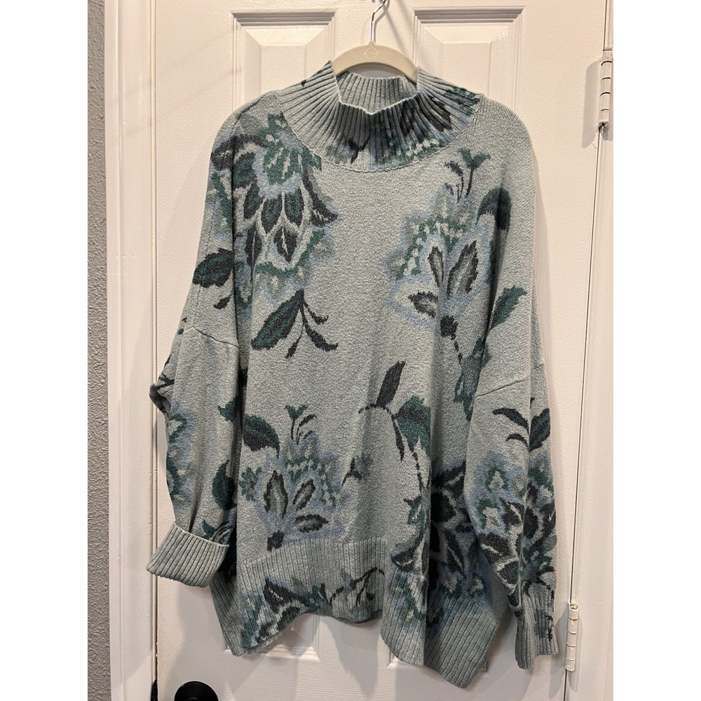 LC Lauren Conrad 3X Floral Mock Neck Sweater Blue Green Oversized Cottagecore